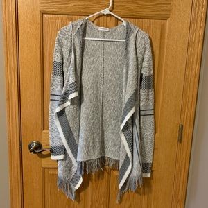 WORN ONCE- Hooded grey and white fringe cardigan